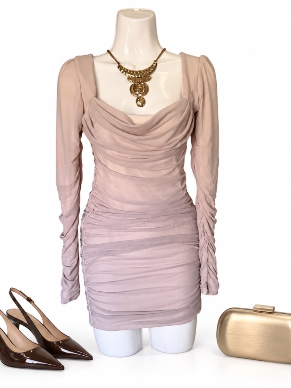 Oh Polly Nude Mesh Ruched Long Sleeve Mini Dress US 6